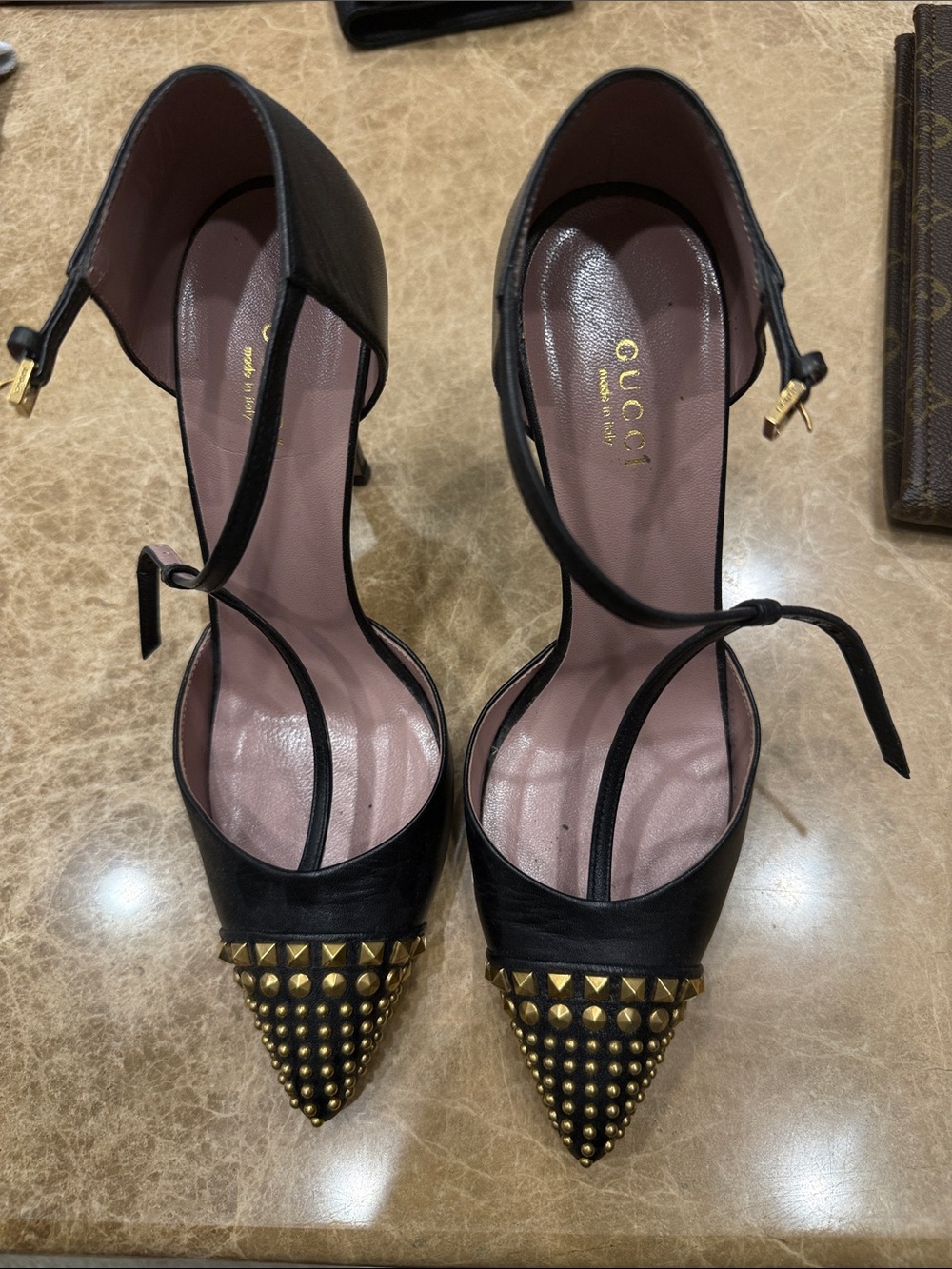 Gucci Black Leather Pointed Stud-Embellished Ankle-Strap Pumps